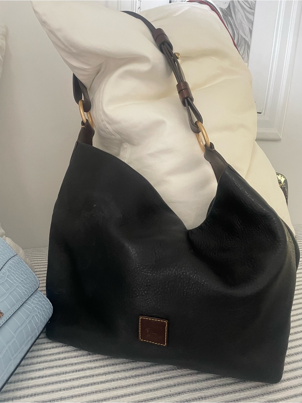 Dooney & Bourke Black Leather Shoulder Hobo with Gold Rings